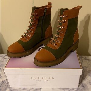 CECELIA NEW YORK Olive and Tan Lace-Up Combat Boots